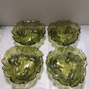 4 Vintage Indiana Glass Green Loganberry Bowl Leaves Berries 7.5" MCM Dish